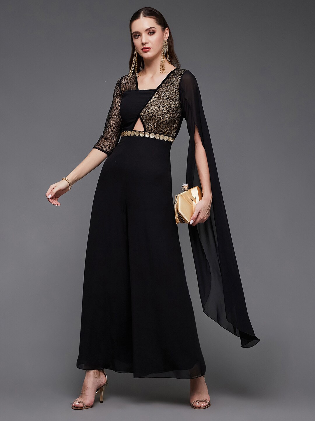 

Miss Chase Self Design Square Neck Embellished Detail Basic Jumpsuit, Black
