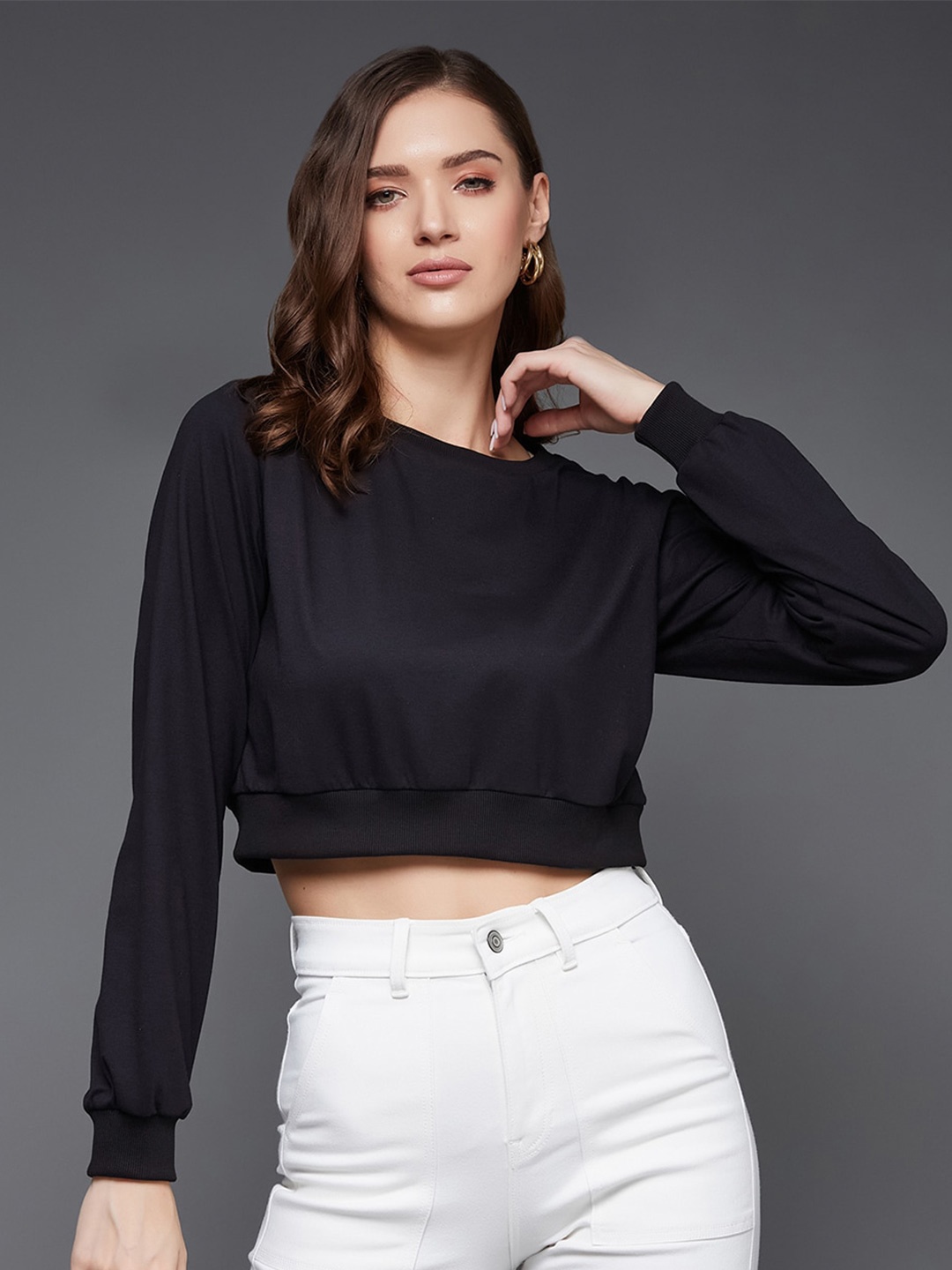 

Miss Chase Round Neck Puff Sleeves Oversized Crop Top, Black