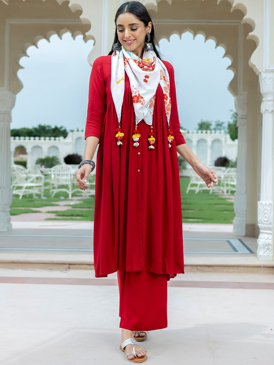 

Janasya V-Neck Flared A-line Kurta with Palazzos & With Dupatta, Maroon