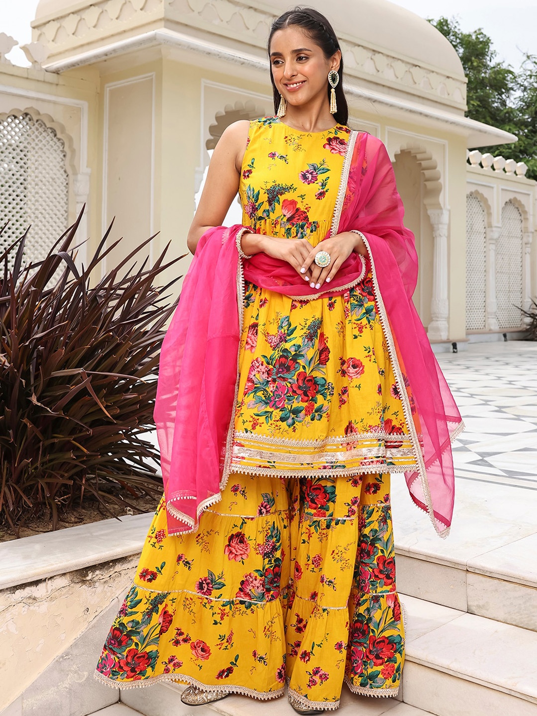 

Janasya Floral Printed Pure Cotton Kurta and Sharara With Dupatta, Yellow