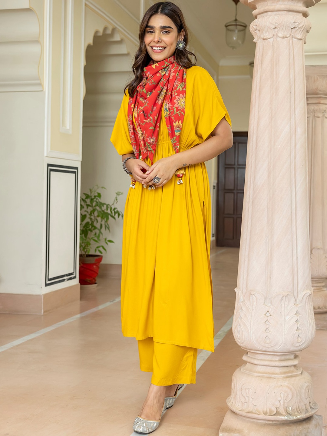 

Janasya Women Solid Kurta with Palazzo & Scarf, Mustard