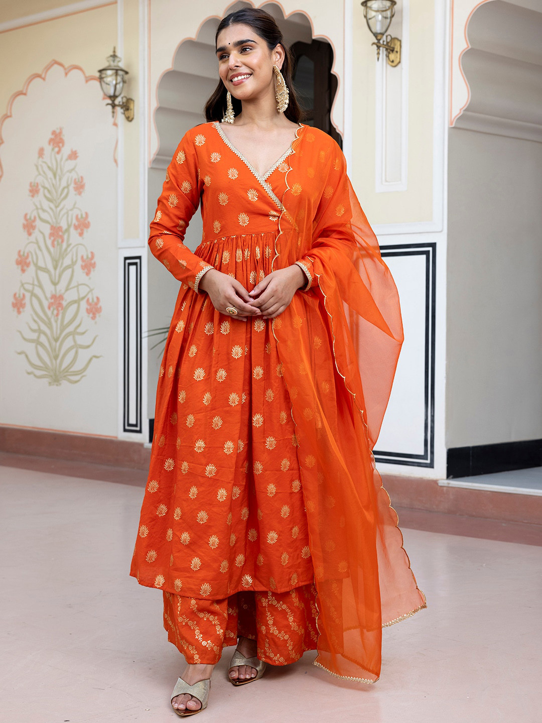 

Janasya Ethnic Motifs Woven Design Angrakha Kurta with Palazzos & Dupatta, Orange