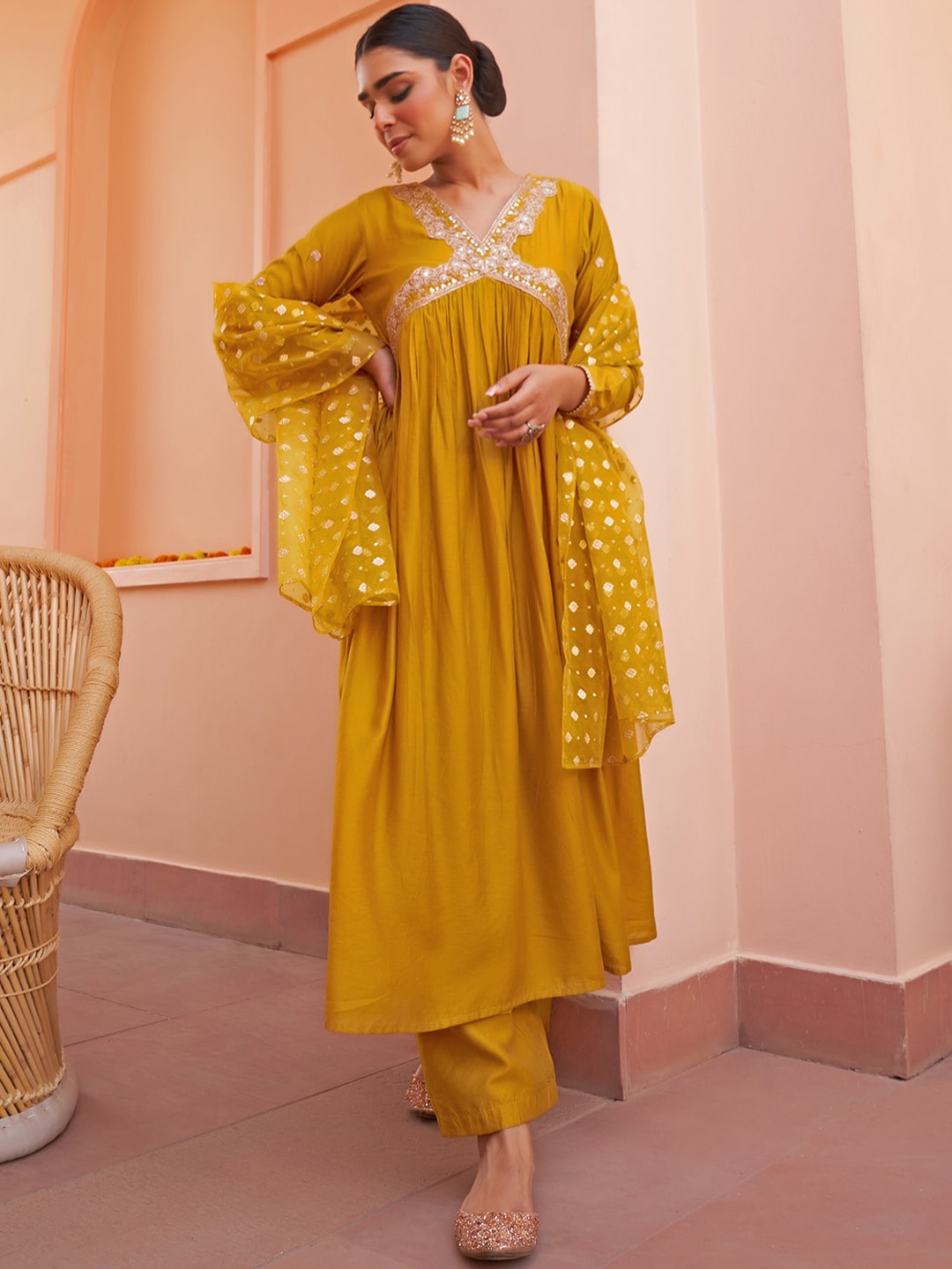 

Janasya Thread Work Chanderi Silk Kurta & Palazzos With Dupatta, Mustard