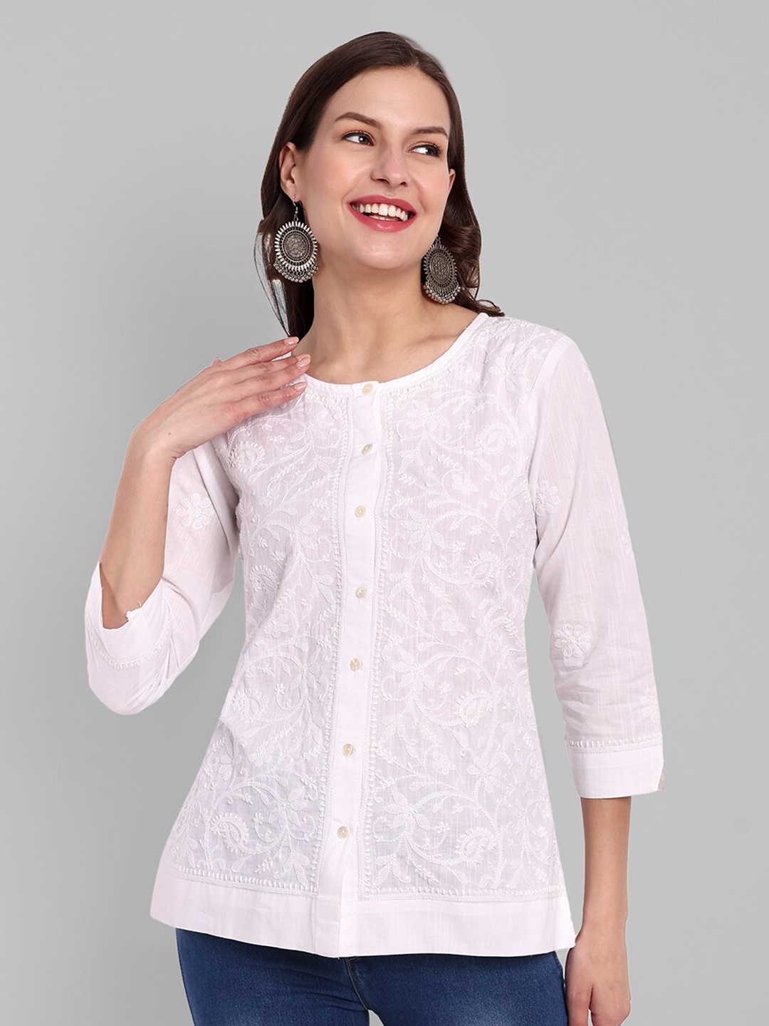 

ADA Floral Embroidered Round Neck Pure Cotton Chikankari Shirt Style Top, White
