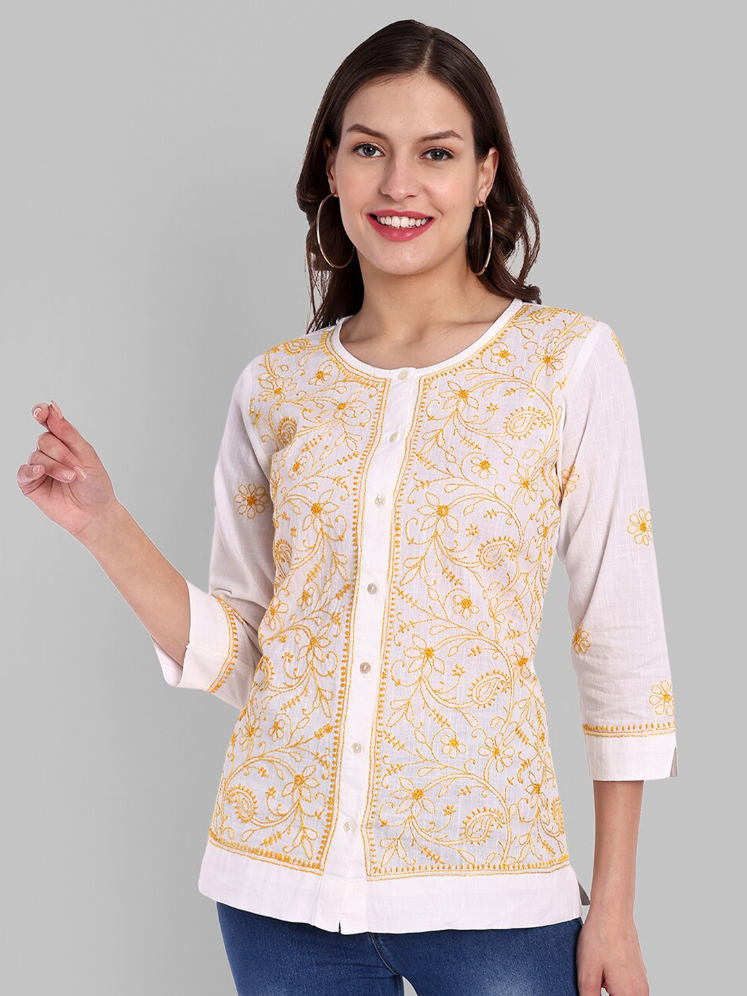 

ADA Floral Embroidered Round Neck Pure Cotton Chikankari Shirt Style Top, White
