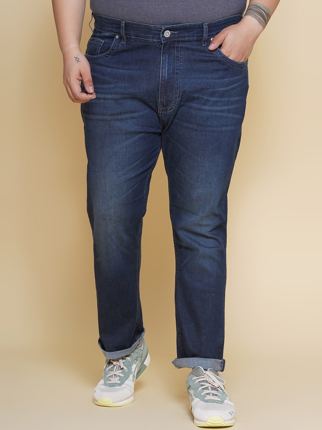 

John Pride Men Jean Regular Fit Mid-Rise Light Fade Cotton Stretchable Jeans, Navy blue
