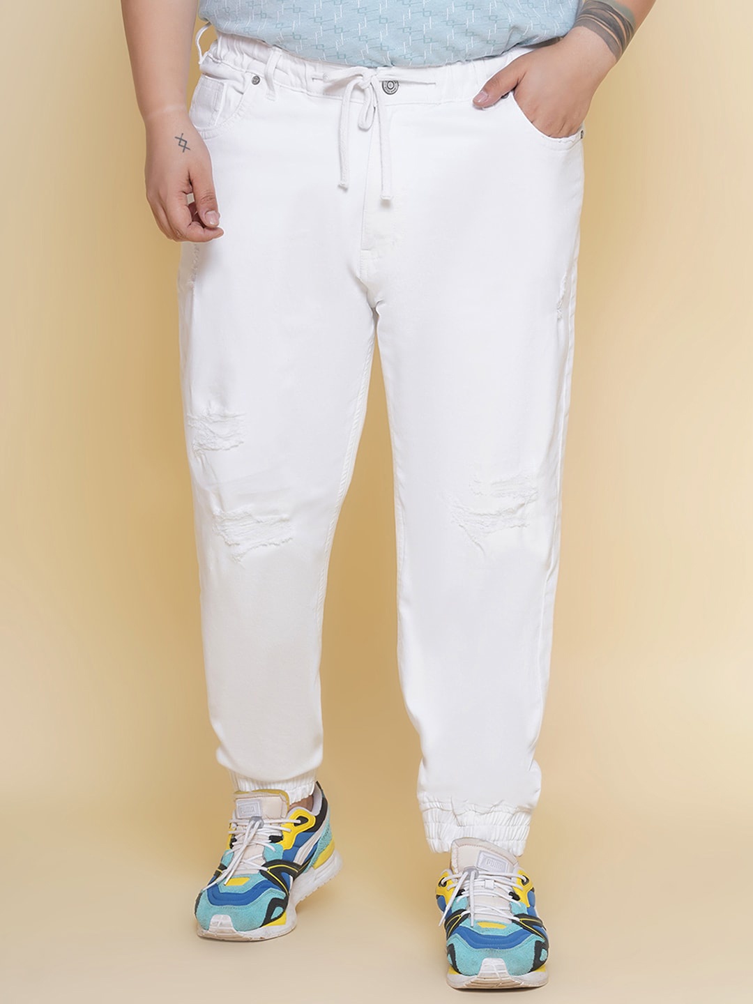 

John Pride Men Mid-Rise Light Fade Cotton Stretchable Jogger Jeans, White