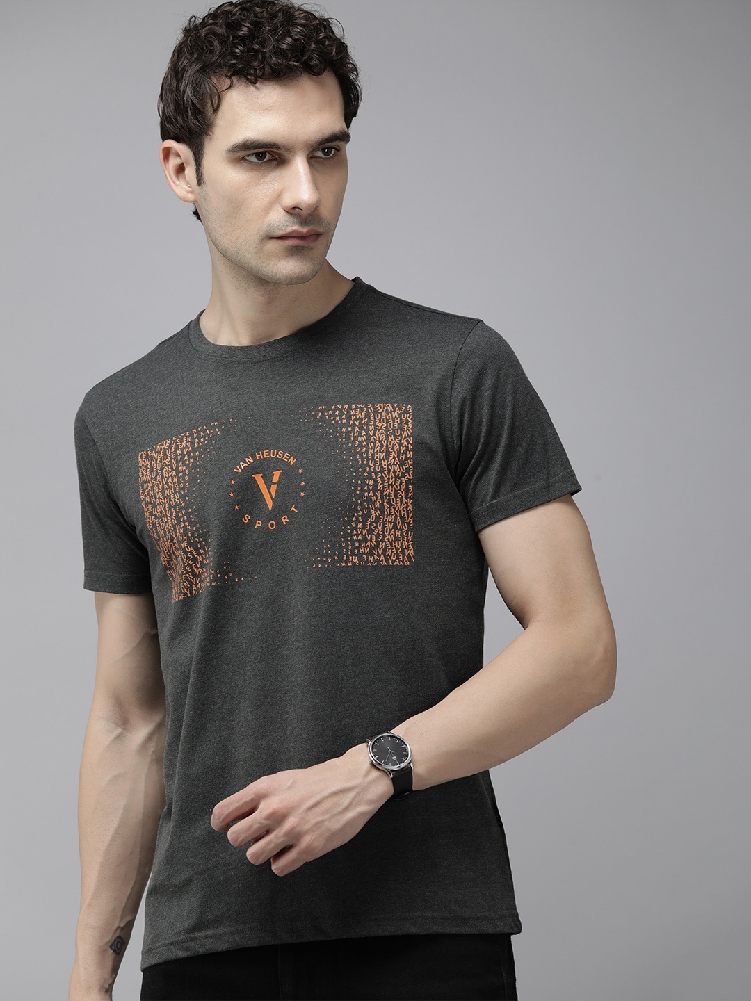 

Van Heusen Sport Brand Logo Printed Pure Cotton Slim Fit T-shirt, Grey