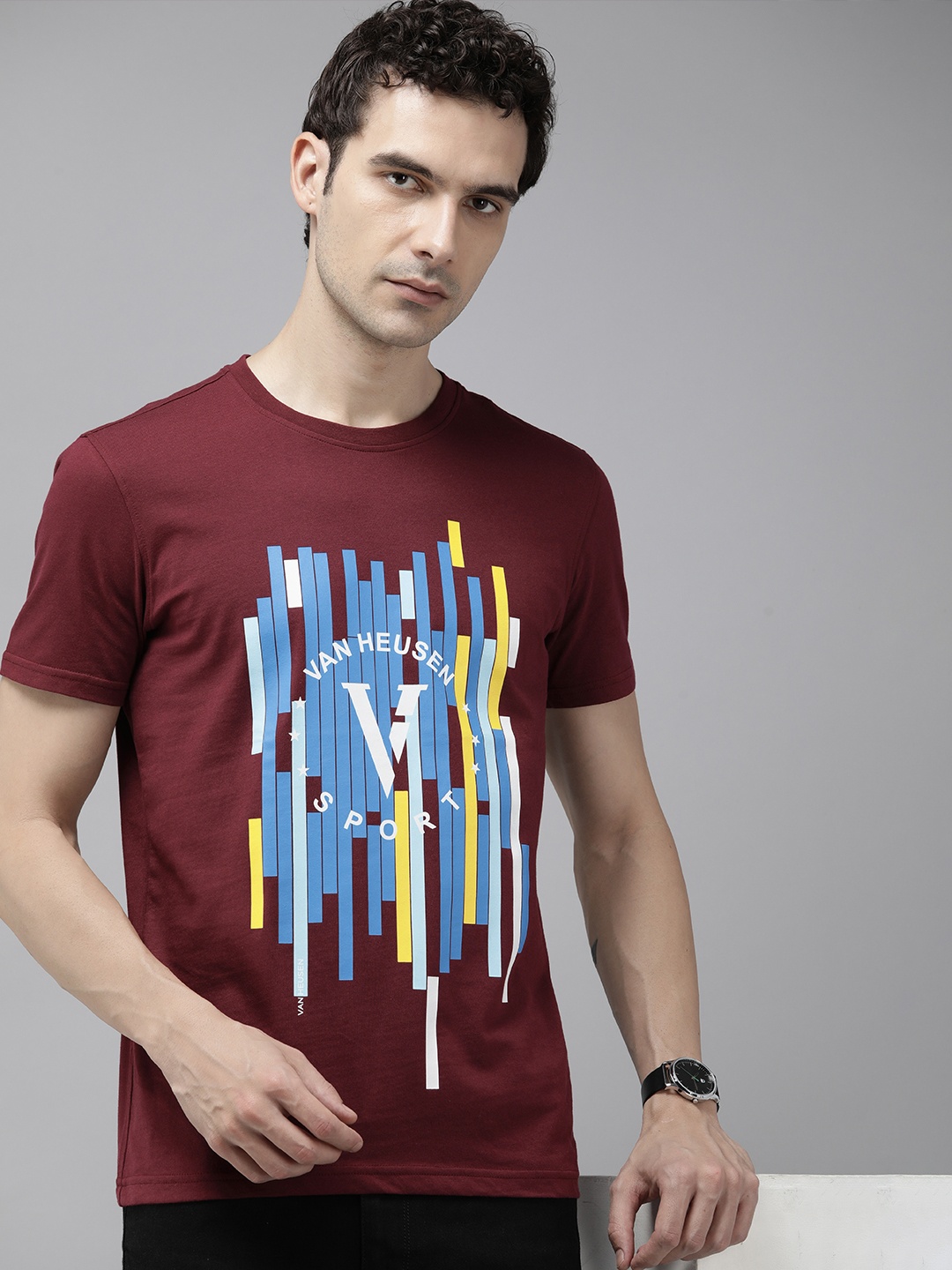 

Van Heusen Sport Pure Cotton Graphic Printed Slim Fit T-shirt, Maroon