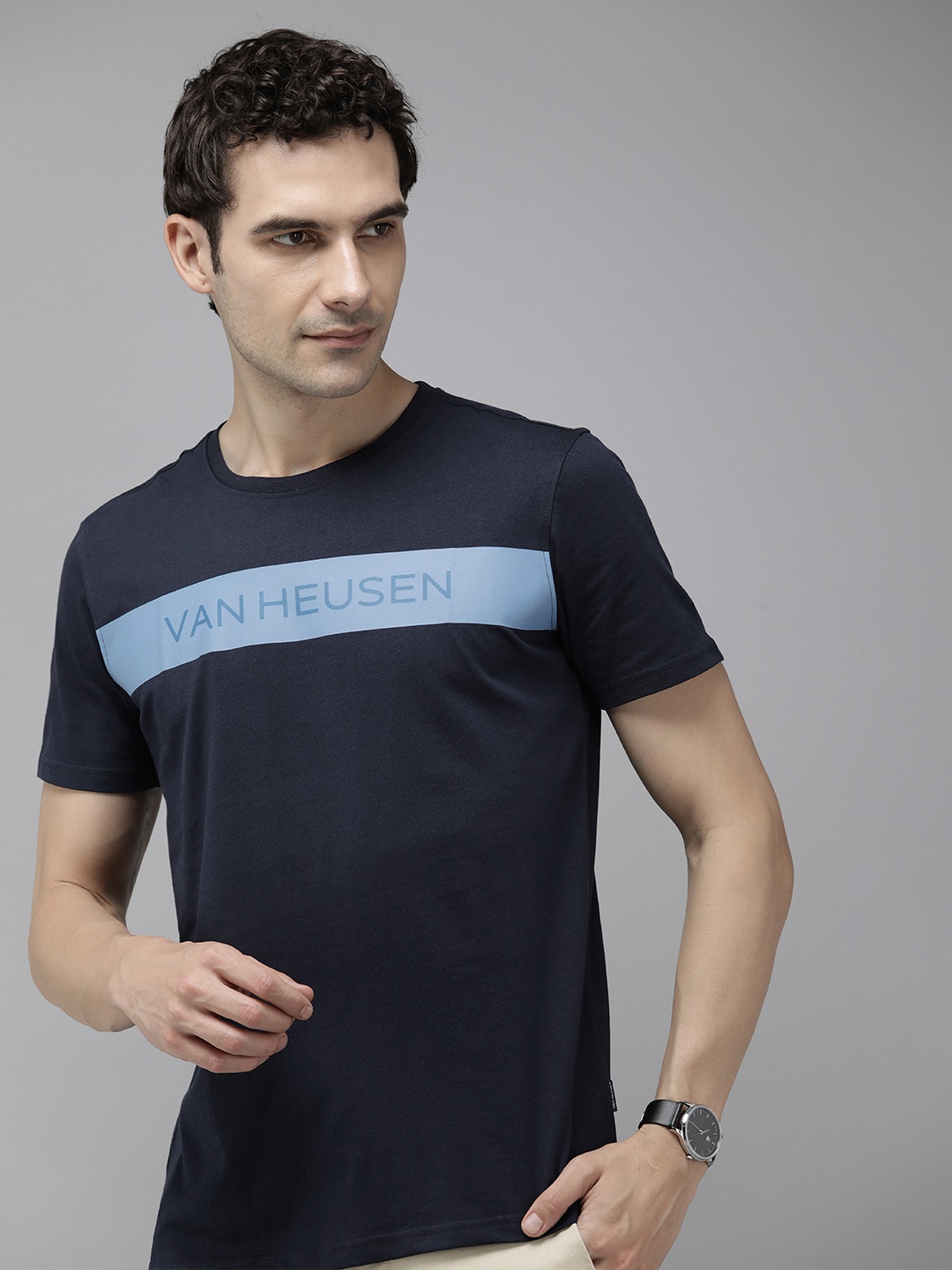 

Van Heusen Sport Pure Cotton Brand Logo Printed Slim Fit T-shirt, Navy blue