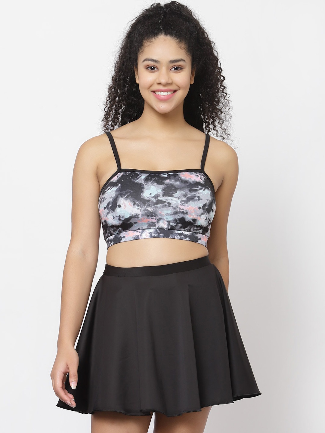 

CUKOO Abstract Printed Padded Top With Skorts Swim Set, Black