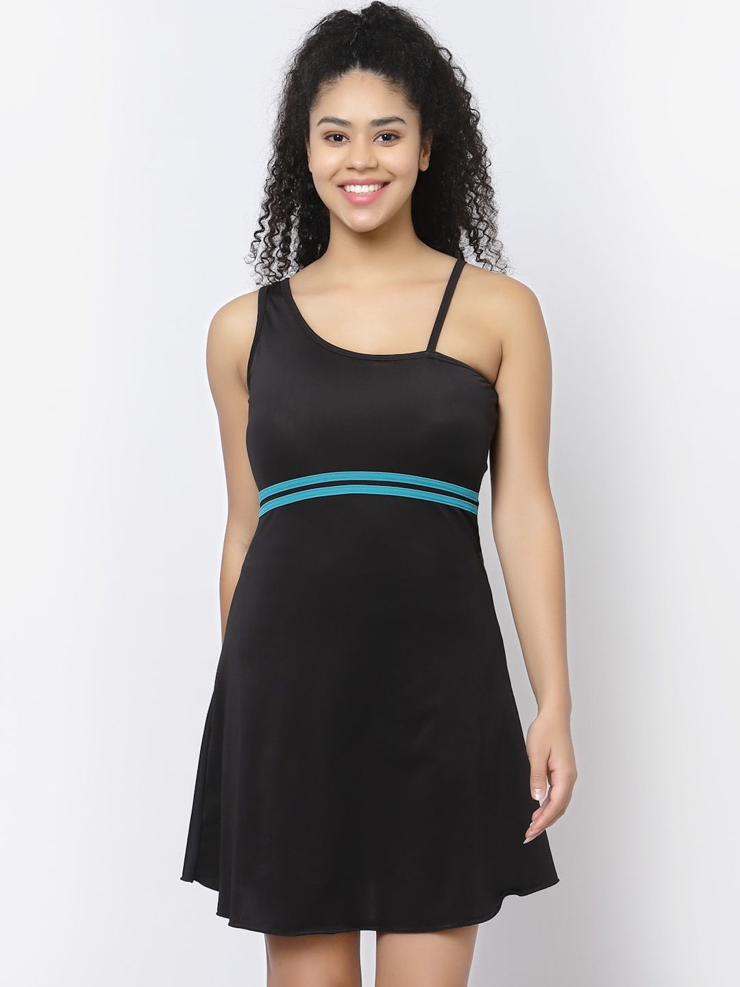 

CUKOO Padded One Shoulder Swimming Dress With Attached Shorts, Black