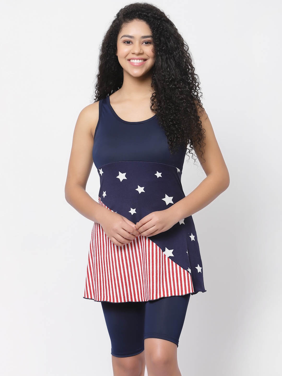 

CUKOO Geometric Padded Tunic With Shorts Swim Set, Navy blue