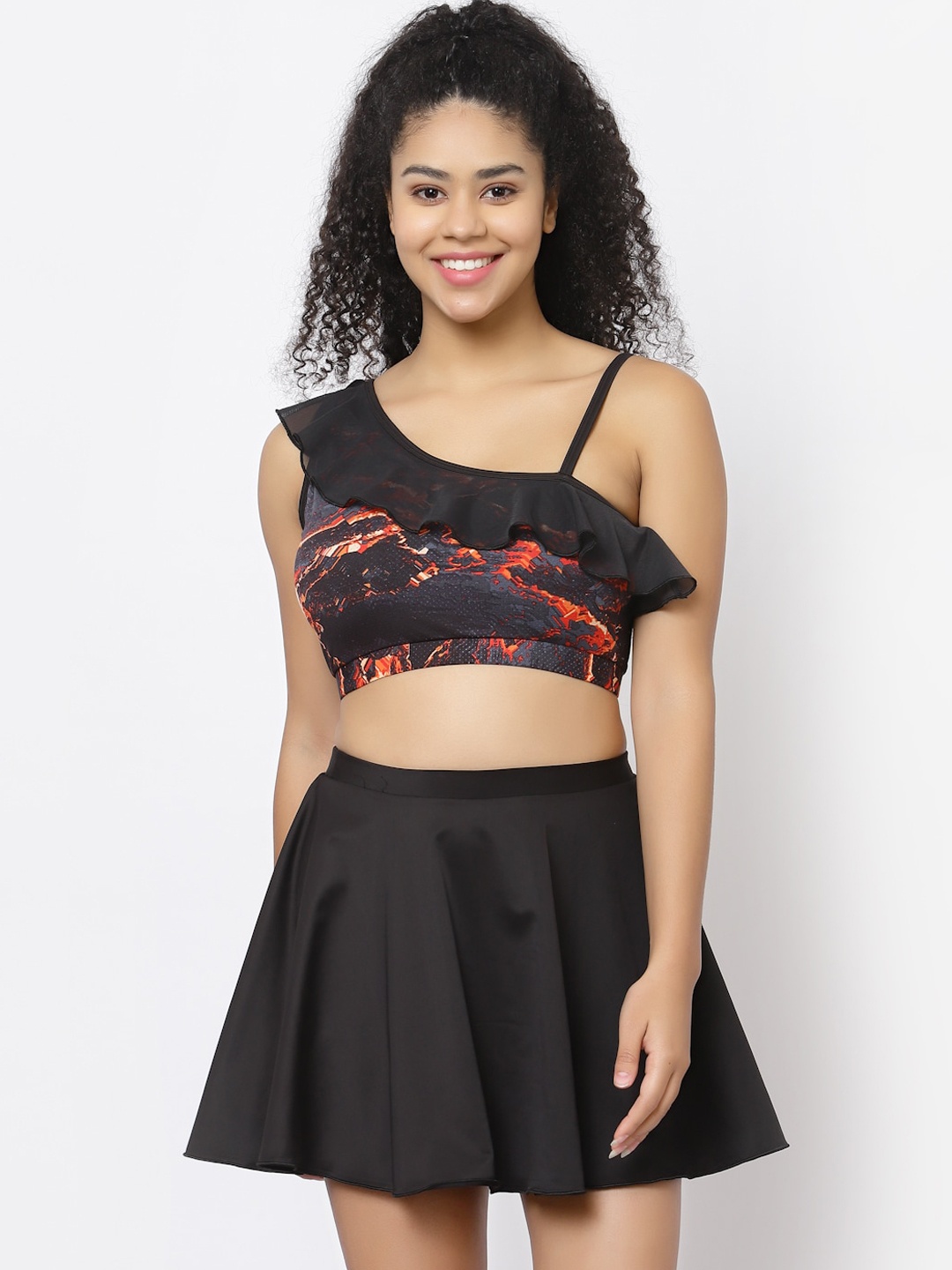 

CUKOO Abstract Printed Padded Top With Skirt Swim Set, Black