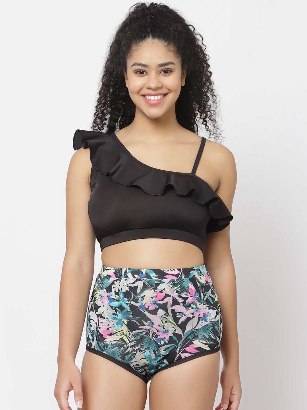 

CUKOO Floral Printed Ruffled Padded Top With Shorts Swim Set, Black