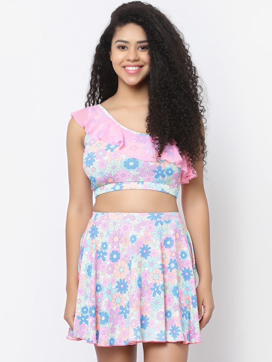 

CUKOO Floral Printed Padded Top With Skirt Swim Set, Pink