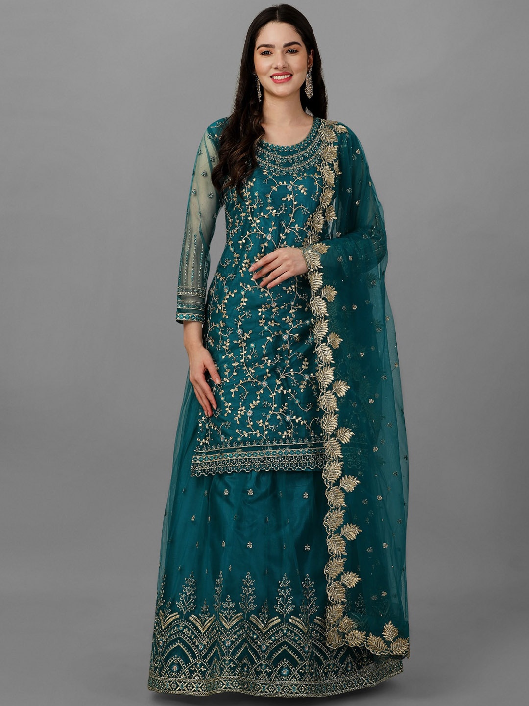 

Nivah Fashion Floral Embroidered Beads and Stones Kurta with Skirt & Dupatta, Teal