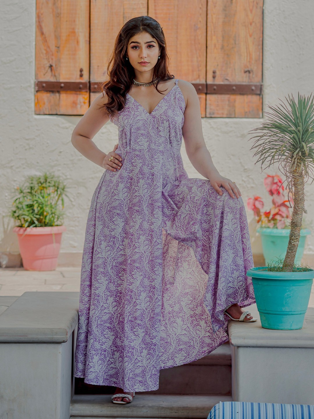 

FEATHERS CLOSET Floral Printed Shoulder Strap Gathered Cotton Maxi Dress, Lavender