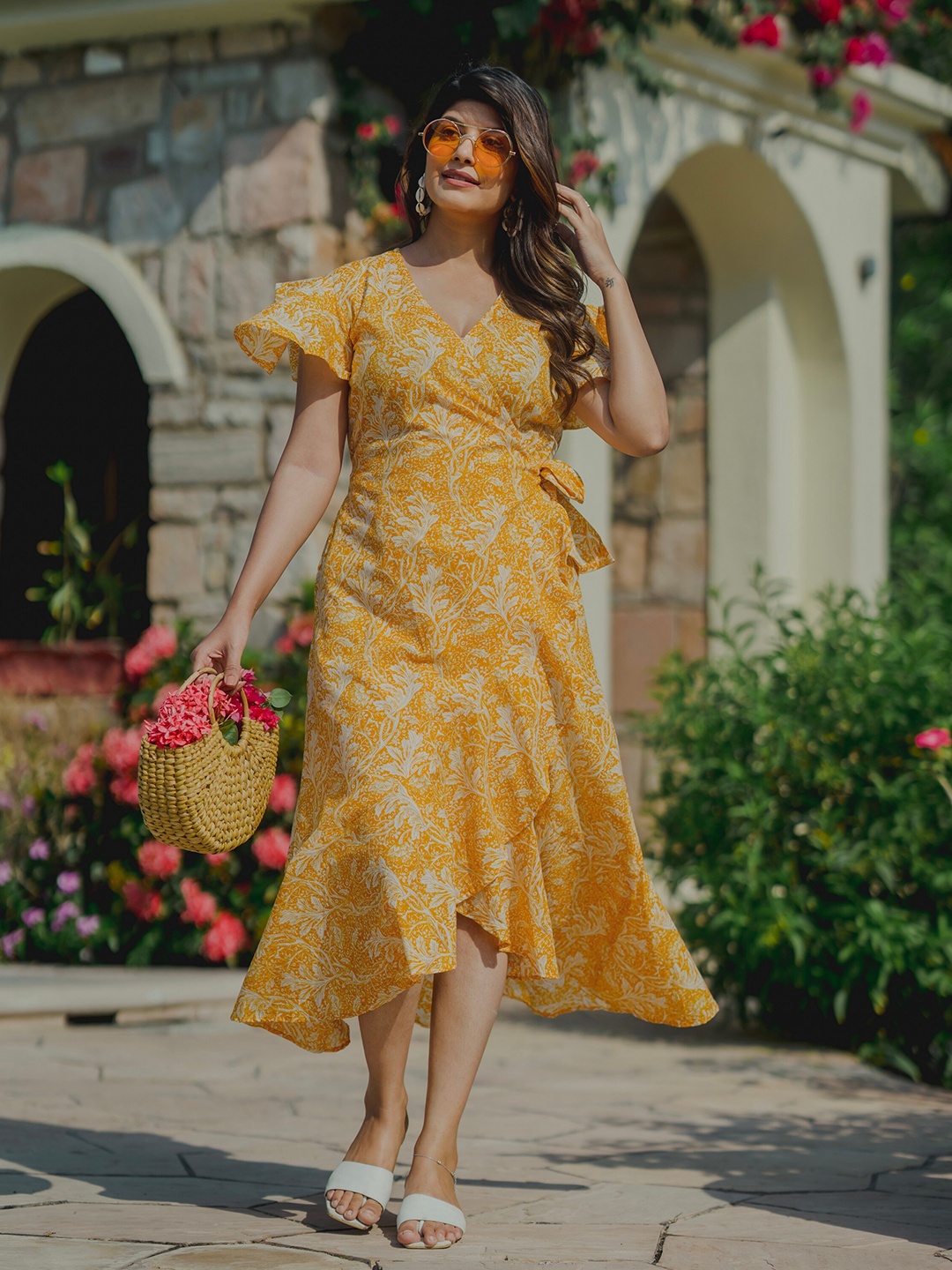 

FEATHERS CLOSET Floral Printed V-Neck Flared Sleeves Cotton Wrap Dress, Yellow