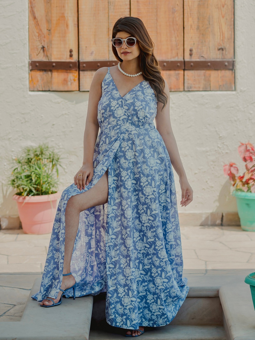 

FEATHERS CLOSET Floral Printed Shoulder Straps Pure Cotton Maxi Dress, Blue