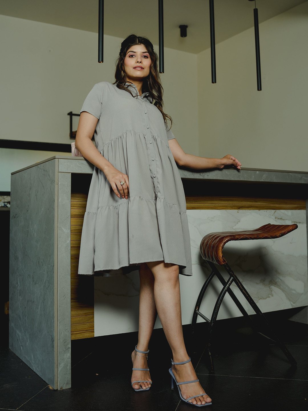 

FEATHERS CLOSET Shirt Collar Gathered Detail Cotton A-Line Dress, Grey