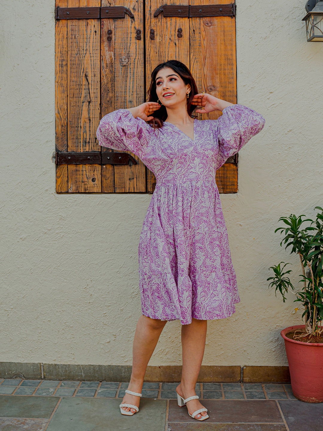

FEATHERS CLOSET Floral Printed Gathered Detail Cotton Fit & Flare Dress, Purple