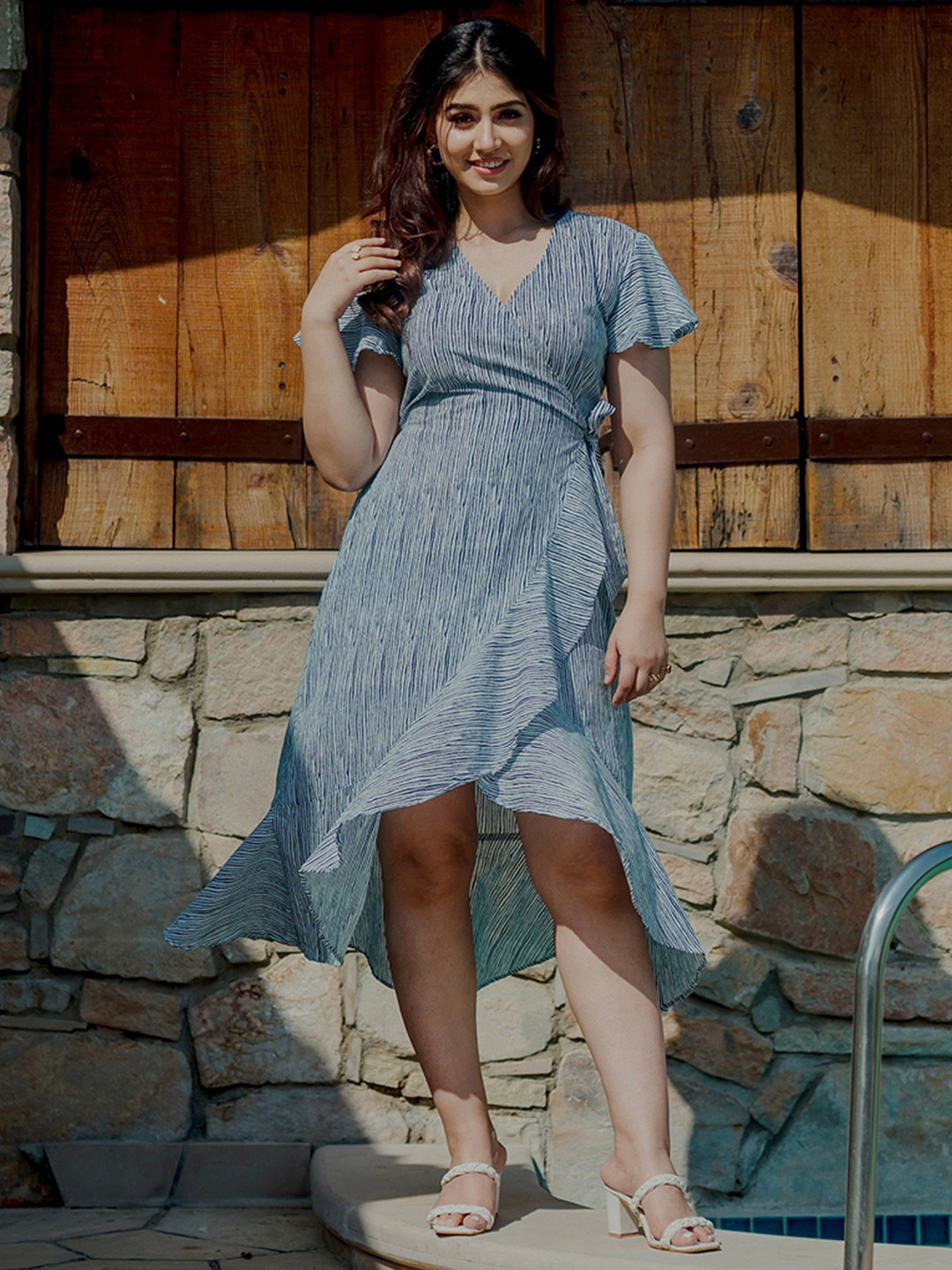 

FEATHERS CLOSET Striped V-Neck Flared Sleeves Cotton Wrap Dress, Blue