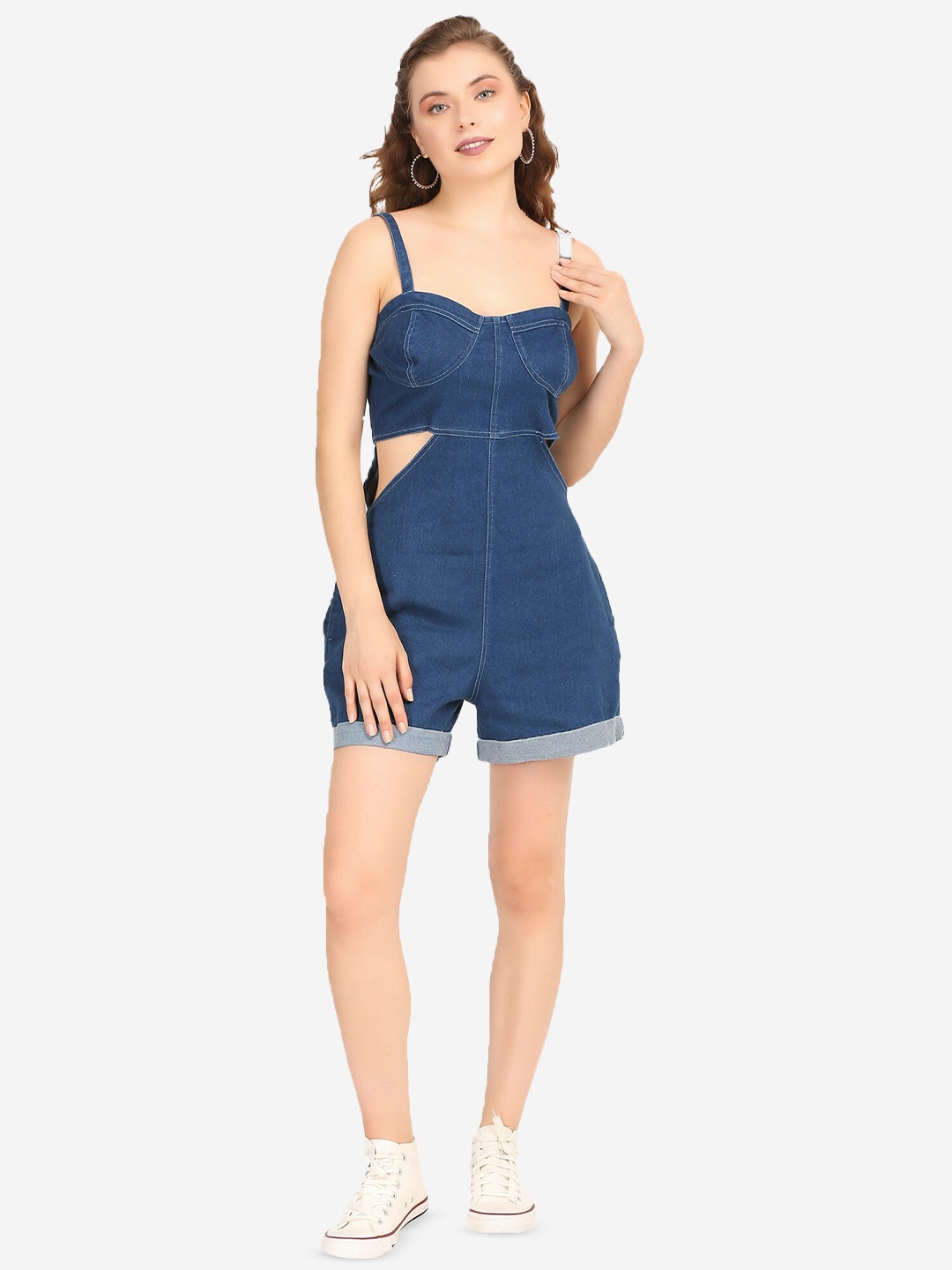 

SUMAVI-FASHION Shoulder Straps Sleeveless Cotton Playsuit, Blue