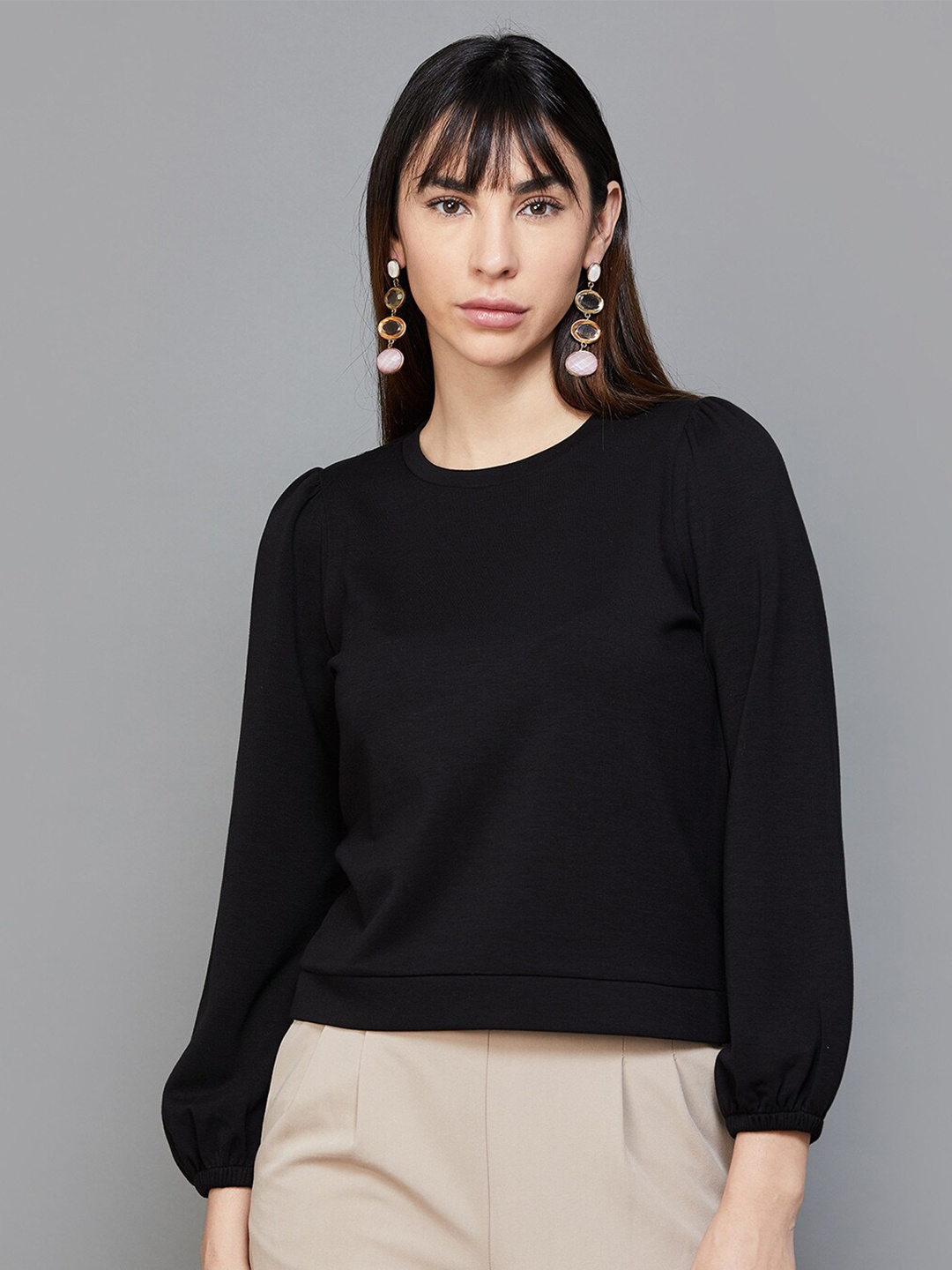 

CODE by Lifestyle Round Neck Puff Sleeved Top, Black