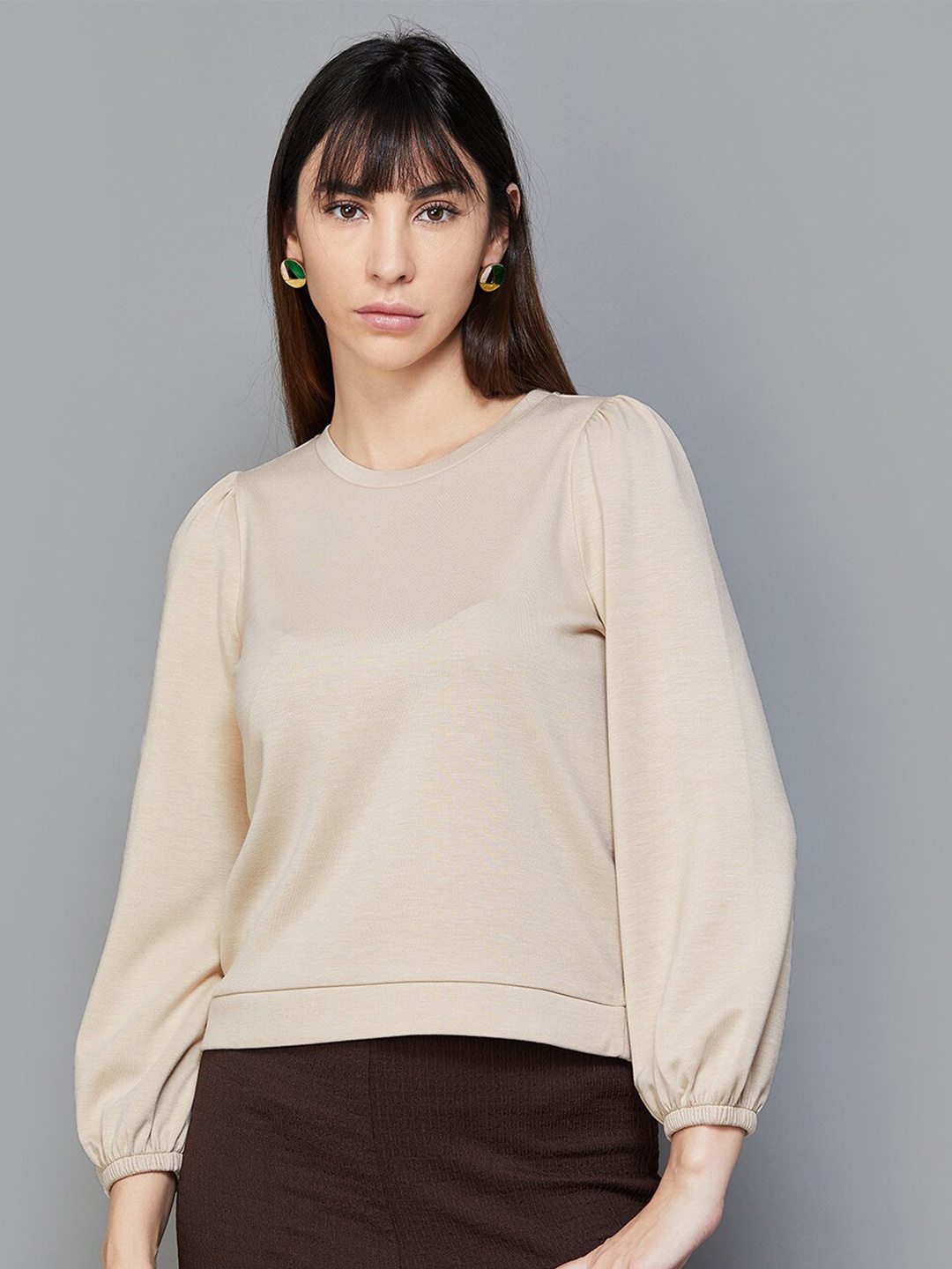 

CODE by Lifestyle Round Neck Puff Sleeved Top, Beige