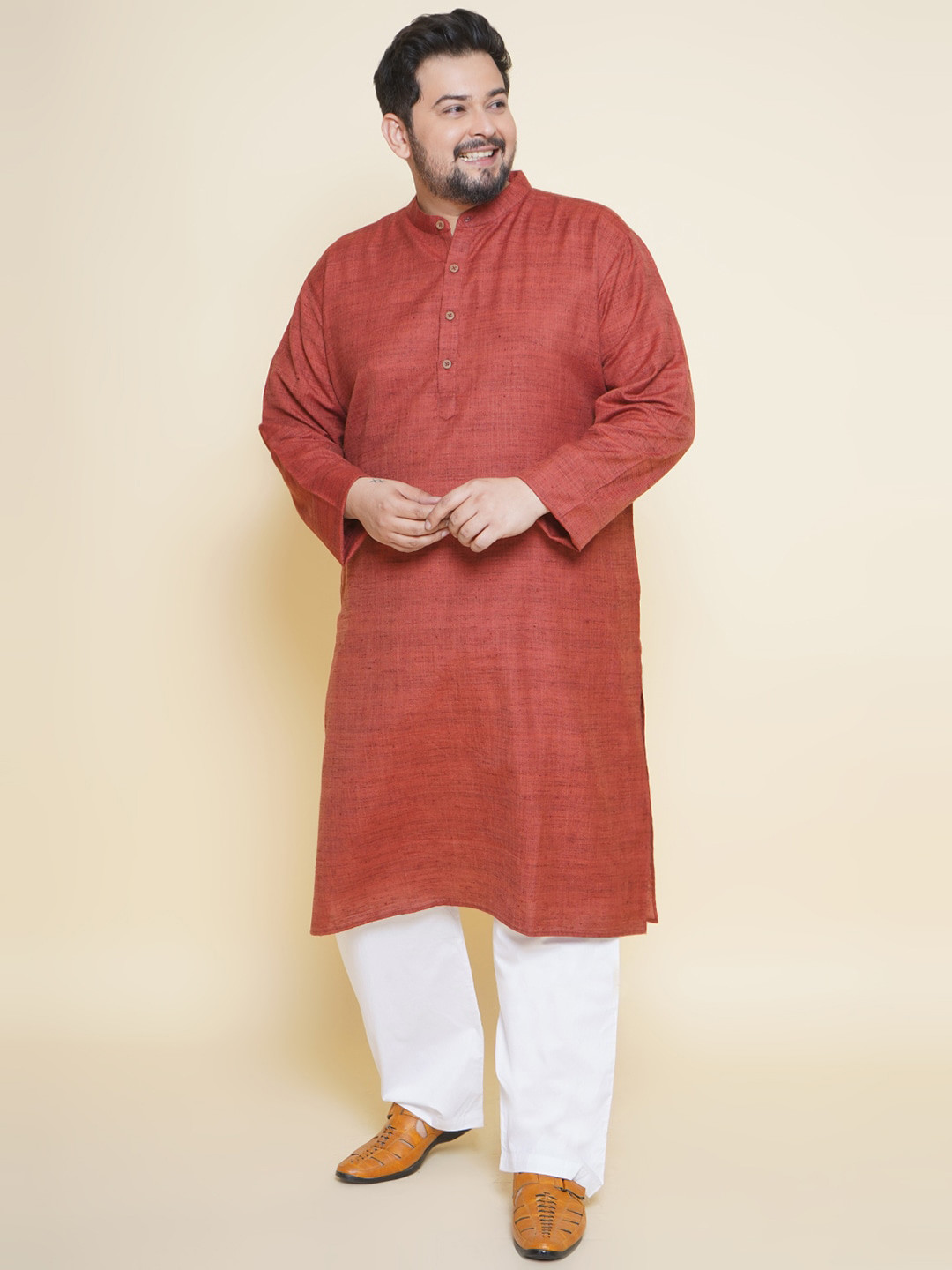 

John Pride Plus Size Mandarin Collar Kurta with Pyjamas, Red