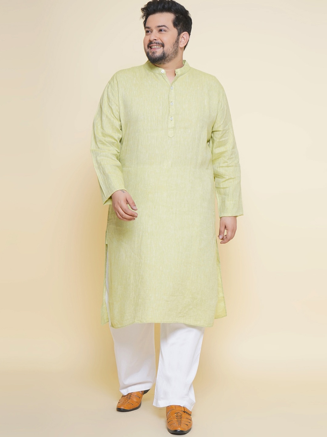 

John Pride Plus Size Band Collar Regular Linen Kurta With Pyjamas, Green
