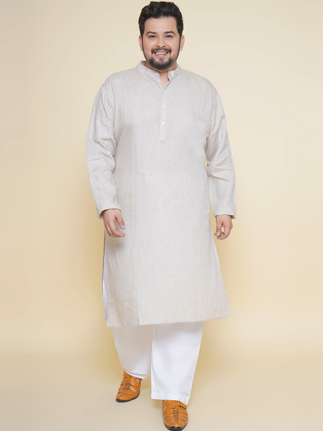 

John Pride Plus Size Band Collar Regular Linen Kurta With Pyjamas, Grey