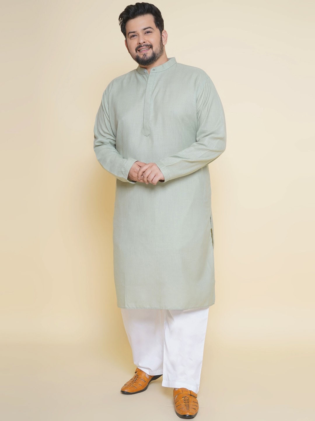 

John Pride Plus Size Band Collar Regular Kurta With Pyjamas, Green