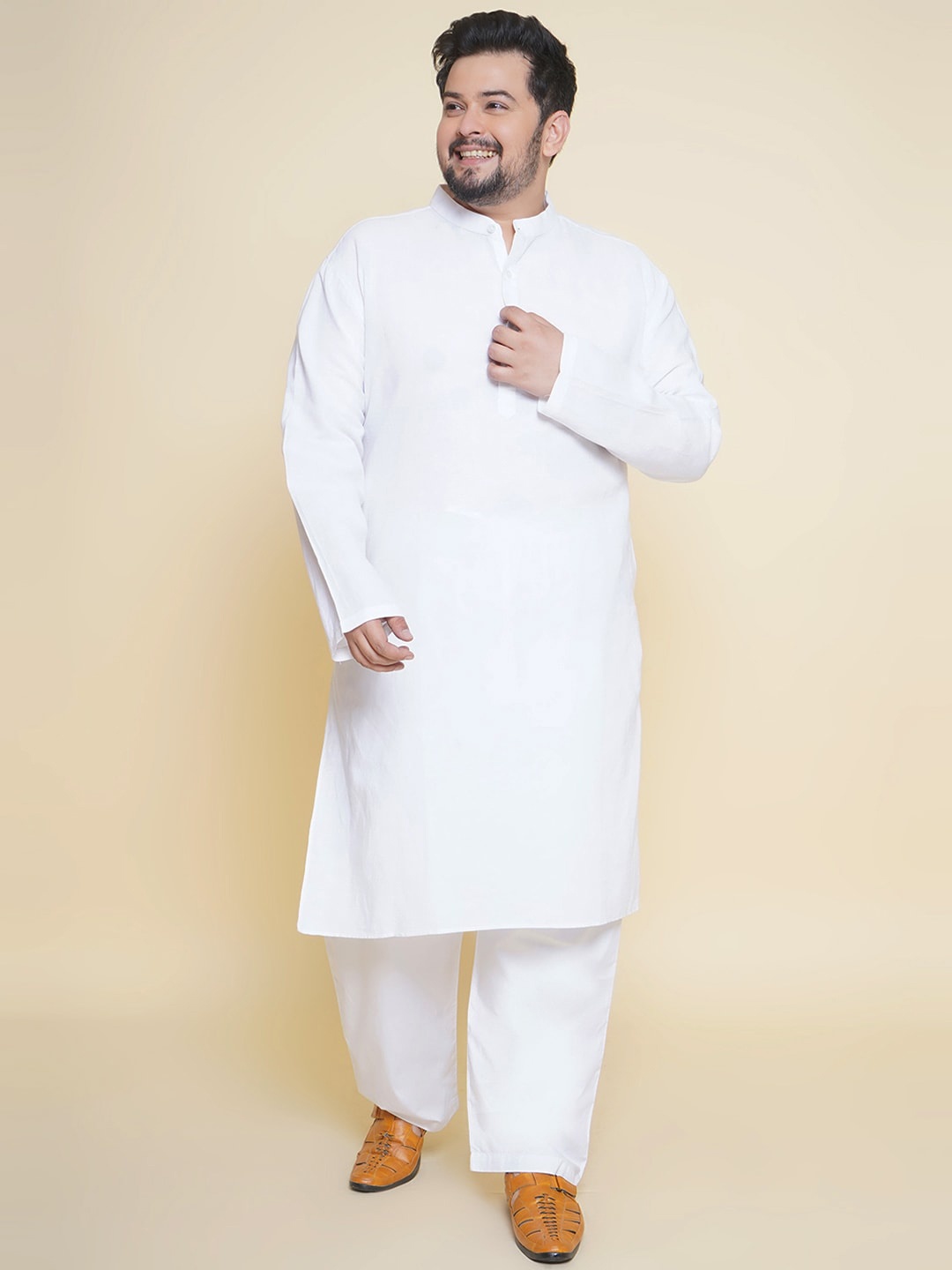 

John Pride Plus Size Mandarin Collar Kurta with Pyjamas, White