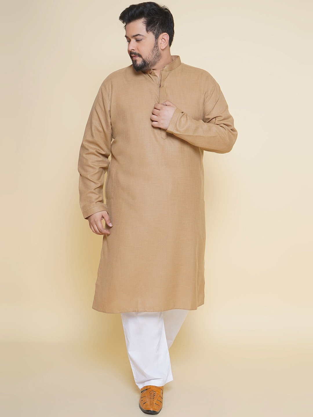 

John Pride Plus Size Band Collar Regular Linen Kurta With Pyjamas, Tan