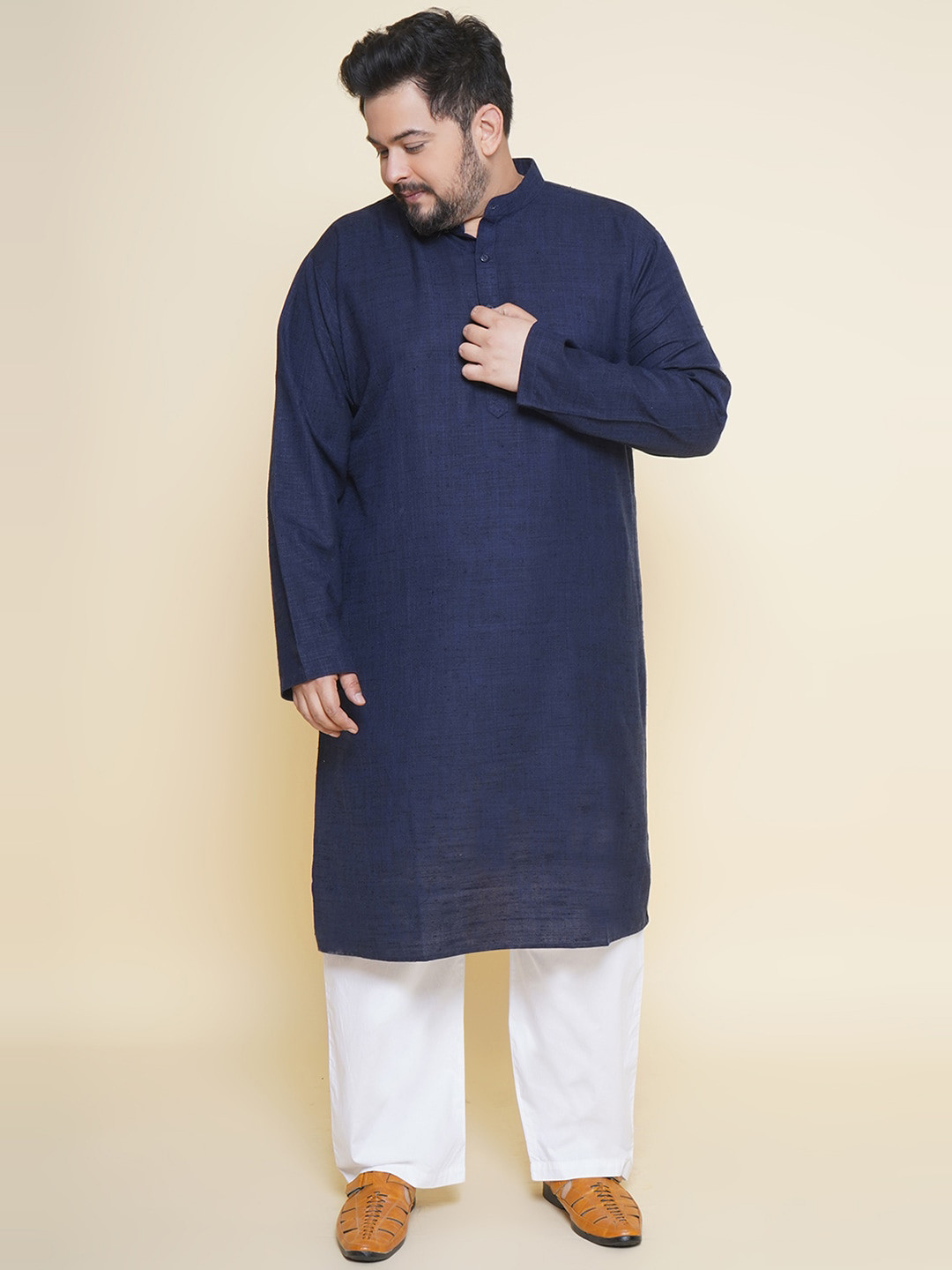 

John Pride Plus Size Mandarin Collar Kurta with Pyjamas, Blue