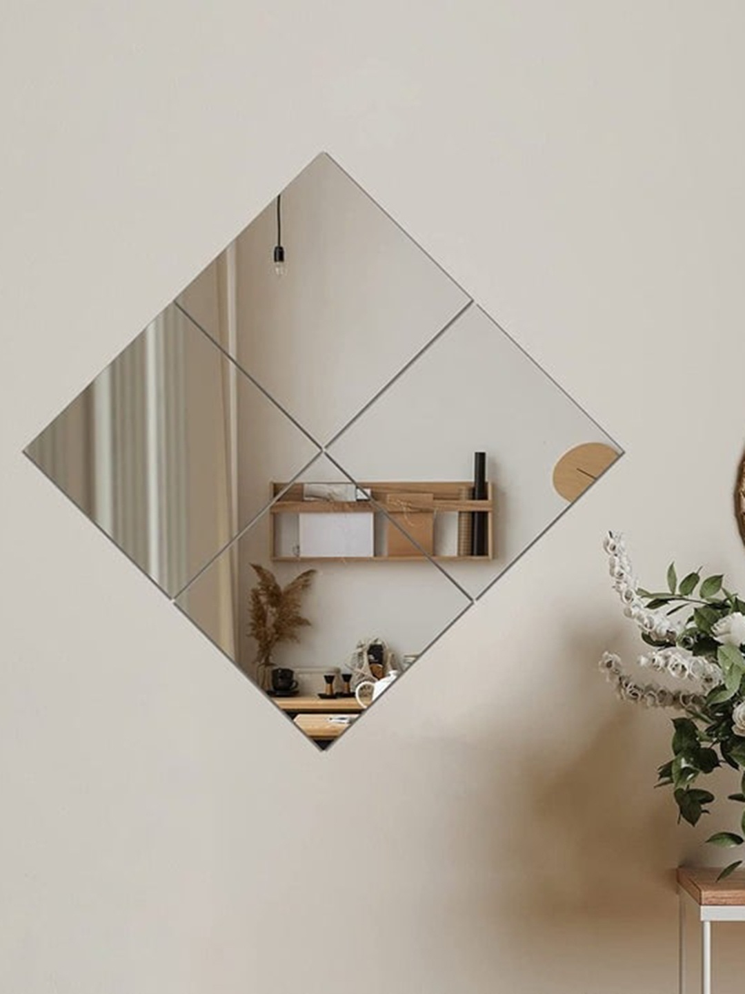 

THE ARTMENT Set Of 4 Square Glass Wall Mirror Tiles, Transparent