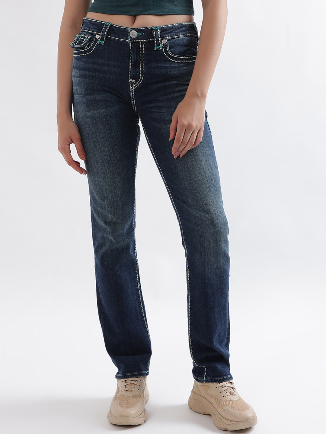 

True Religion Women Super T Billie Straight Fit Blue Mid Rise Jeans