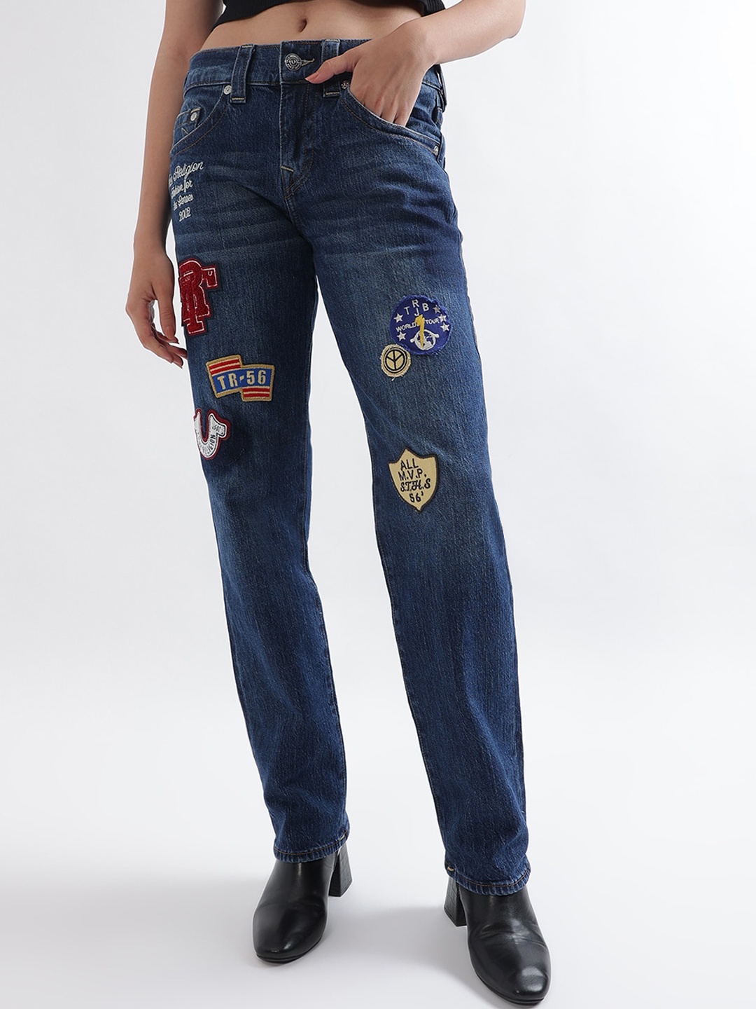 

True Religion Women Sn Ricki Relax Straight Fit Blue Mid Rise Jeans