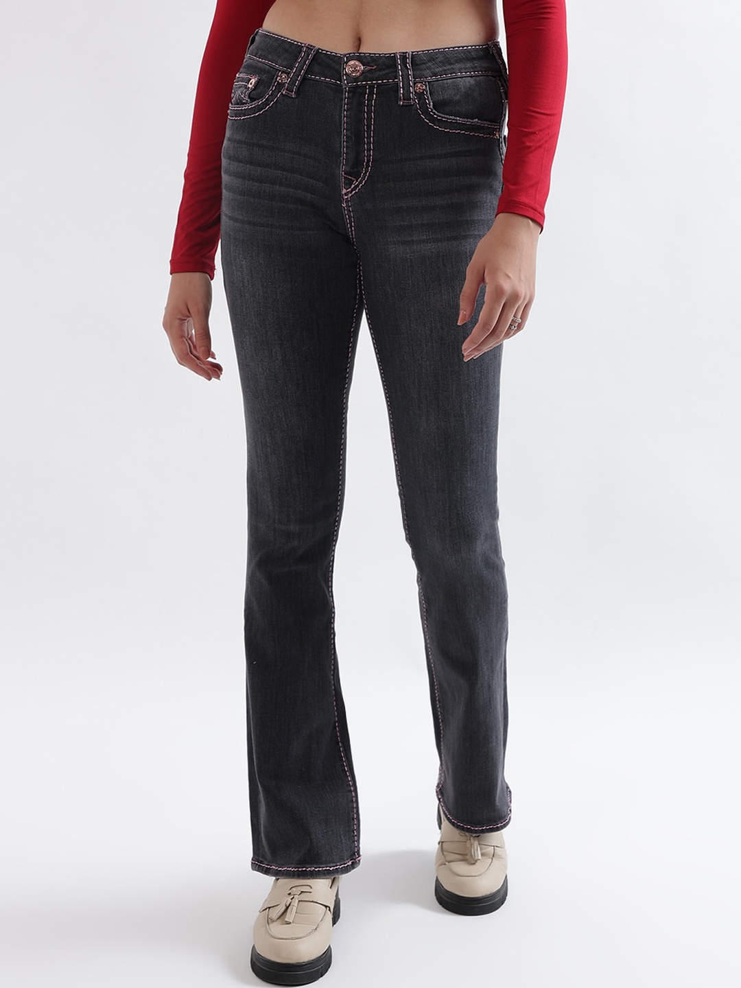 

True Religion Women Big T Becca Bootcut Fit Black Mid Rise Jeans