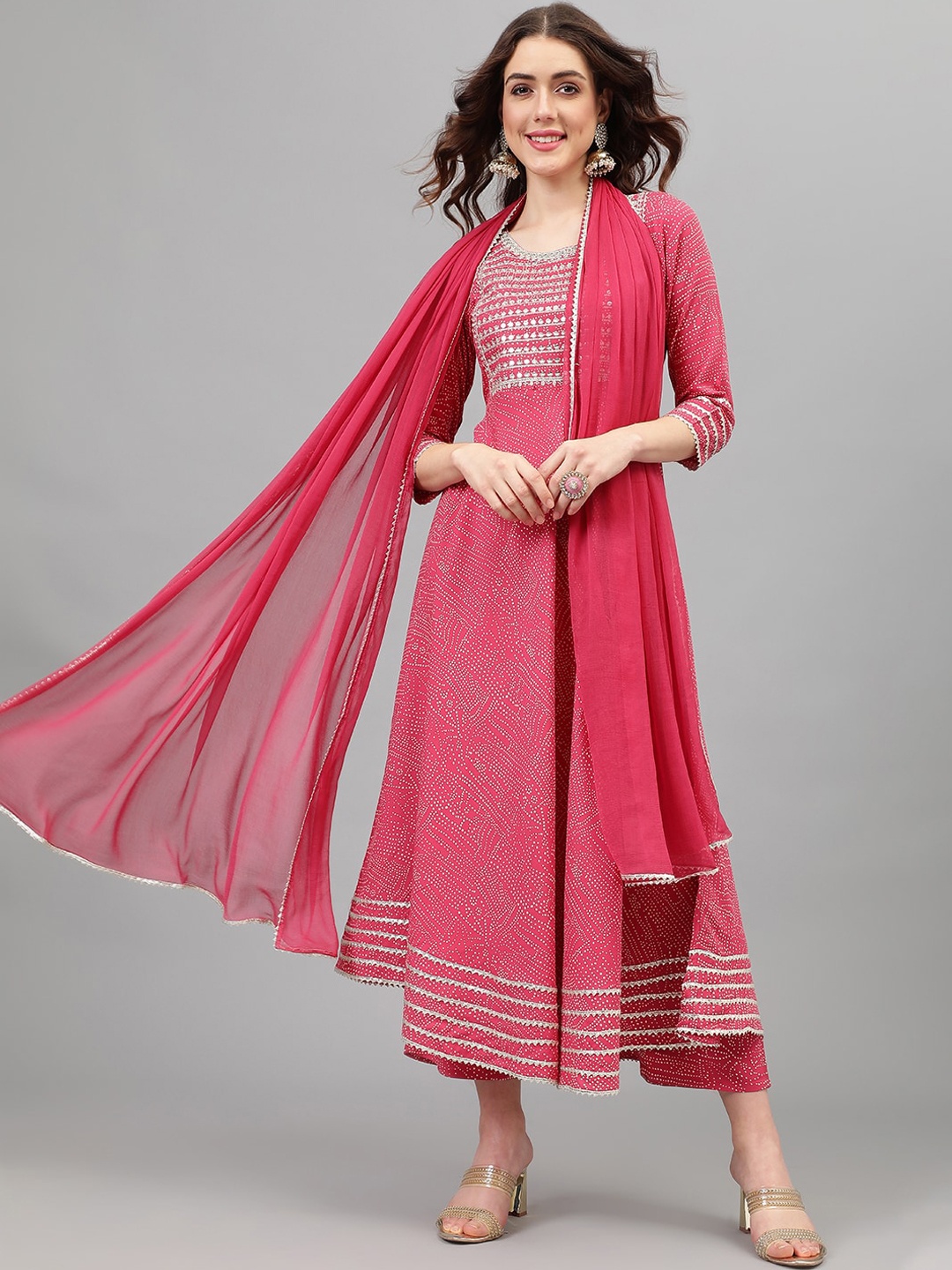 

Khushal K Ethnic Motifs Printed Kurta & Palazzos With Dupatta, Pink