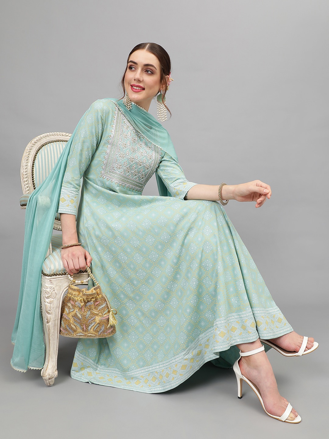 

Khushal K Ethnic Motifs Printed Thread Work Kurta & Trousers With Dupatta, Turquoise blue