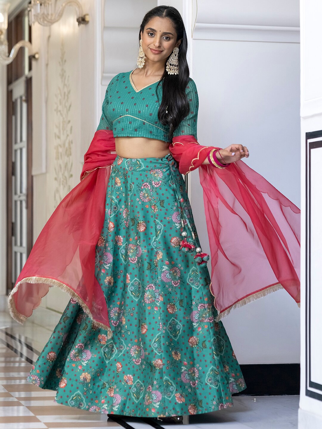 

Janasya Women Digital Floral Print Crepe Silk Ready To Wear Lehenga Choli with Dupatta, Green