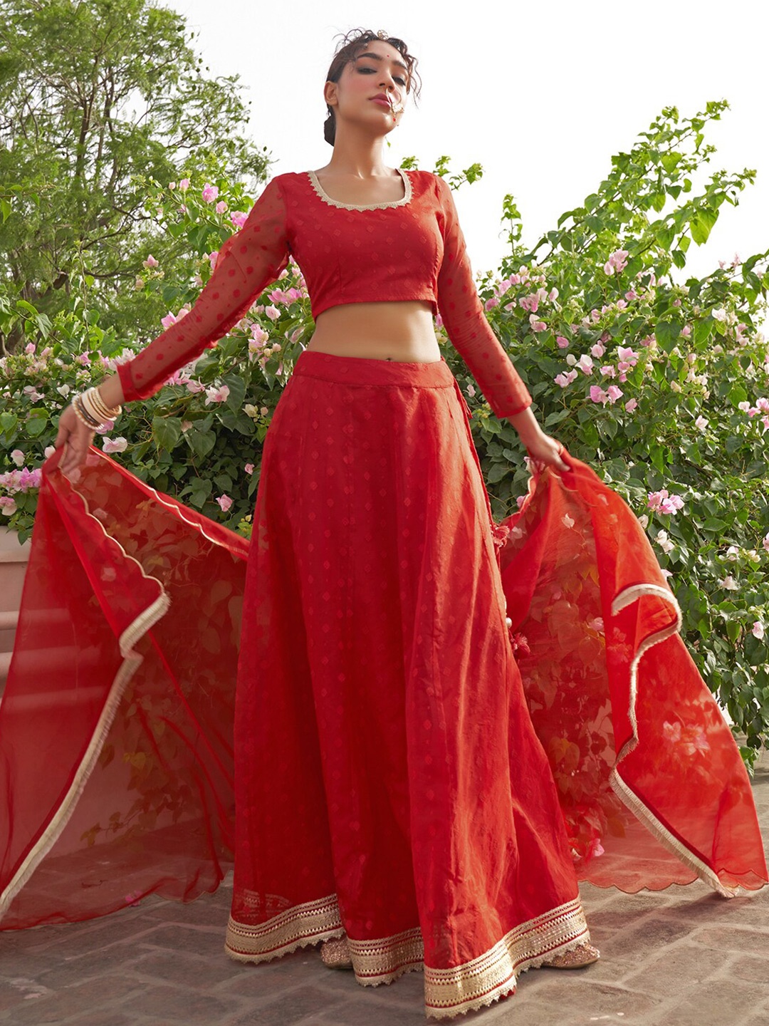 

Janasya Women Woven Design Organza Ready To Wear Lehenga Choli With Dupatta, Red