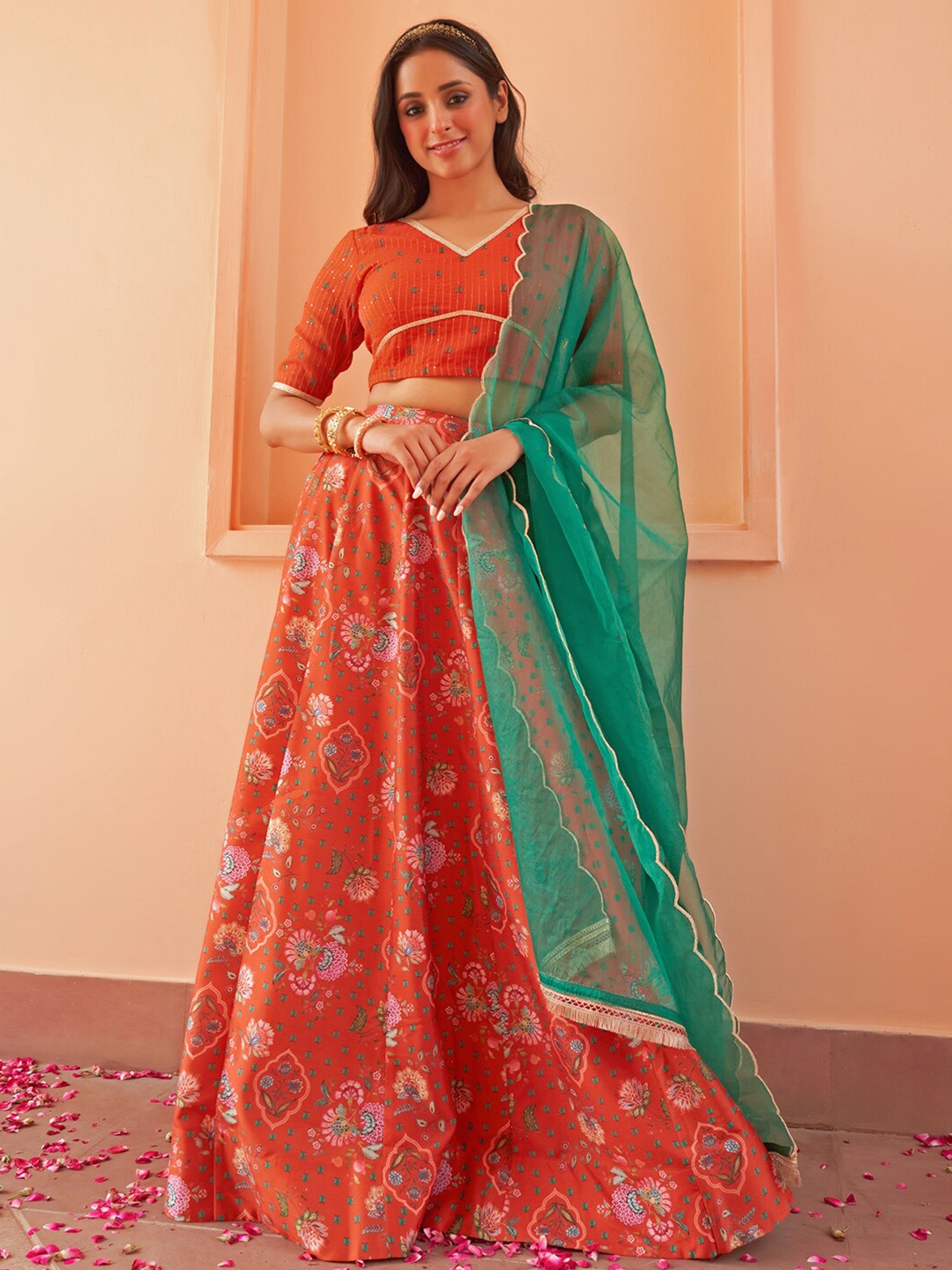 

Janasya Floral Printed Ready to Wear Lehenga & Blouse With Dupatta, Orange