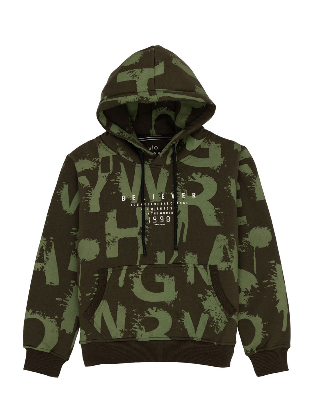 

Status Quo Boys Typography Printed Hooded Cotton Sweatshirt, Olive