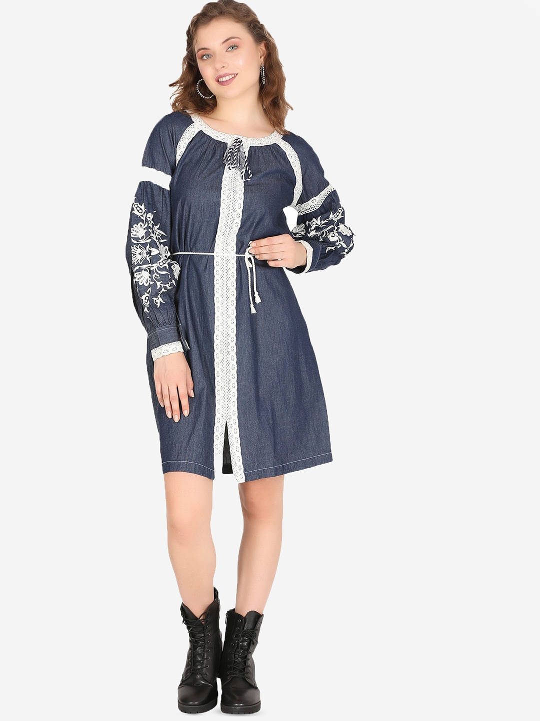 

SUMAVI-FASHION Puff Sleeves Lace Inserts Organic Cotton Denim A-Line Dress, Blue