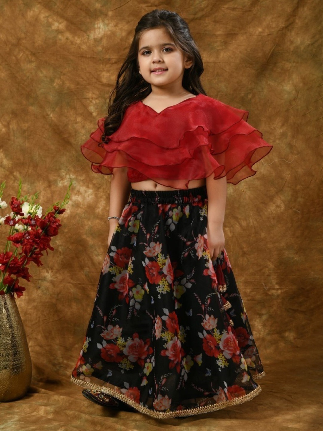 

Bella Moda Girls Satin Ready to Wear Lehenga & Blouse, Red