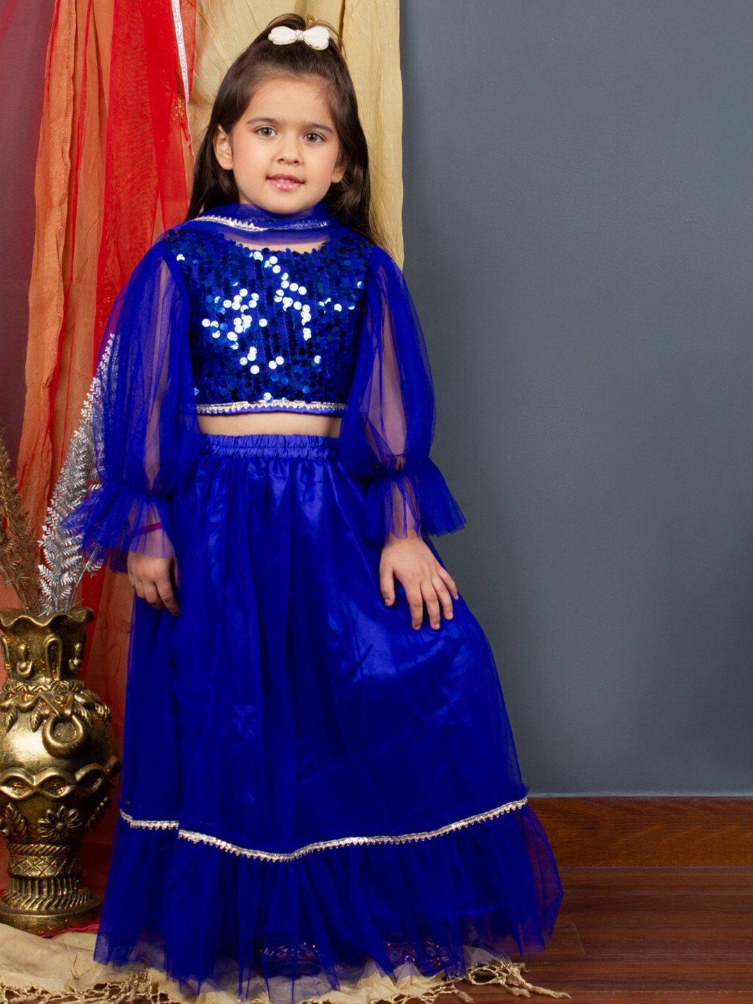 

Bella Moda Girls Embellished Sequinned Ready to Wear Lehenga & Blouse With Dupatta, Blue